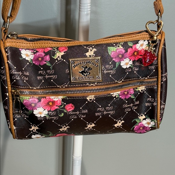 Beverly Hills Polo Club Handbags - Beverly Hills Polo Club Brown, Pink Floral Shoulder Bag , Strawberry Key charm